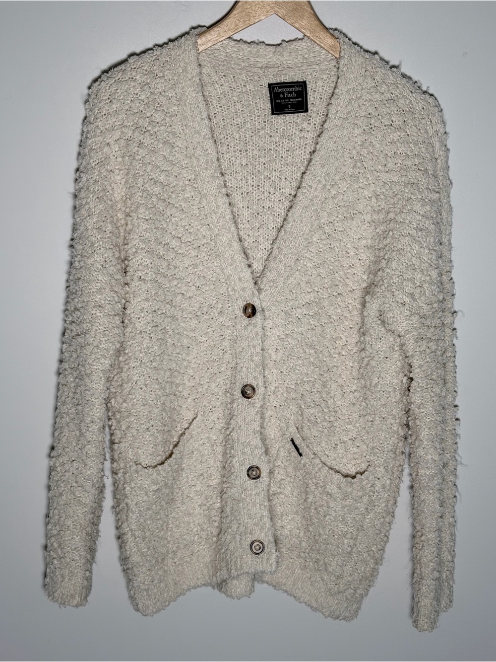 Abercrombie & Fitch Cream Bouclé V-Neck Oversized Button Cardigan